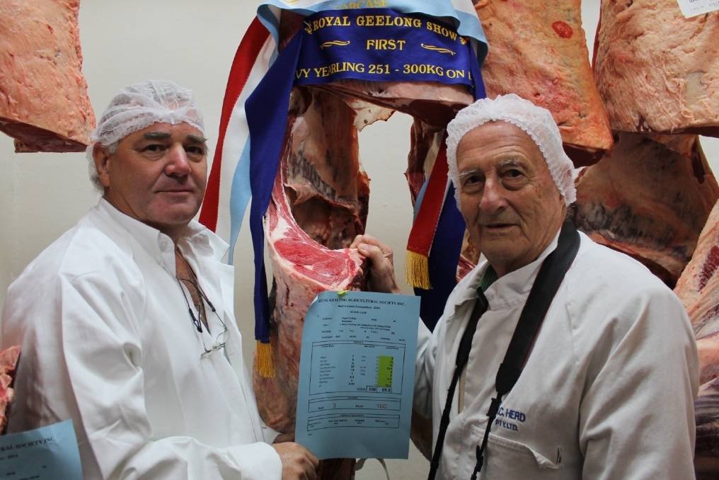 MC Herd's Frank Herd and beef carcase judge Jeff Walker with the grand champion beef carcase entry from Nagle College, Bairnsdale.